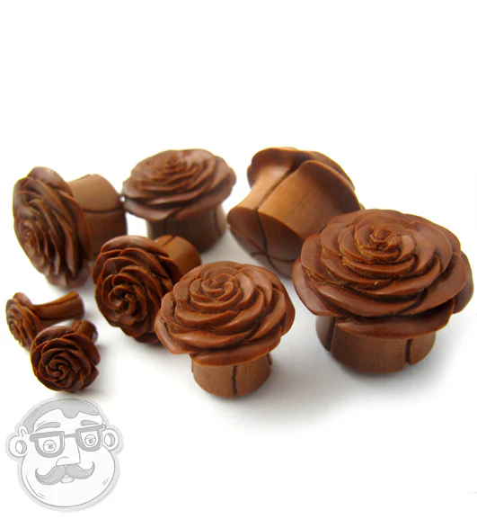 Carved Rosebud Saba Wood Plugs - Mrs Treak