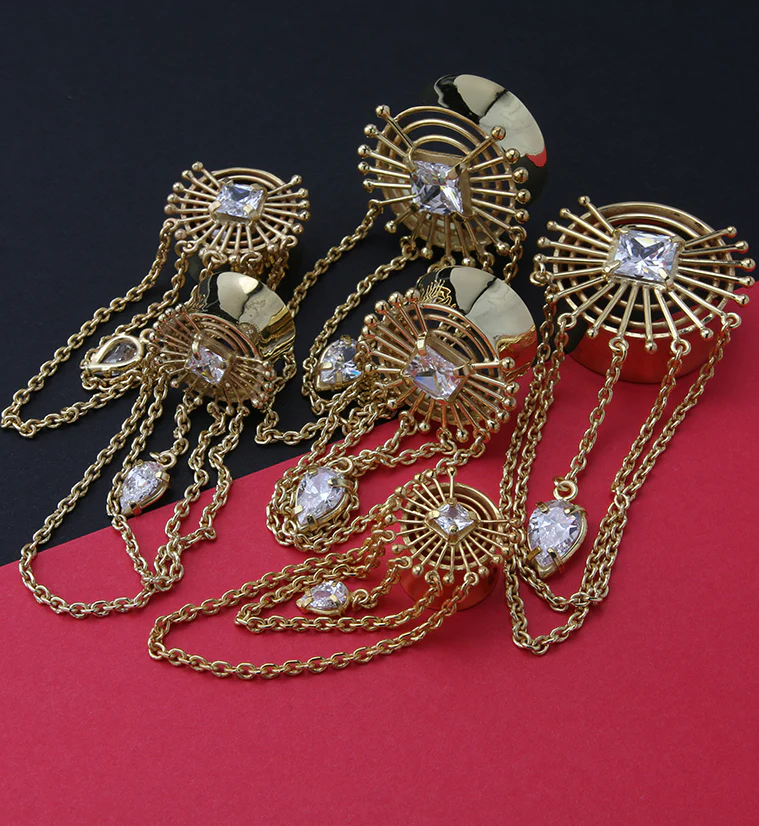 Gold PVD Brass Sunburst Tunnel Plugs With Chains - Mrs Treak