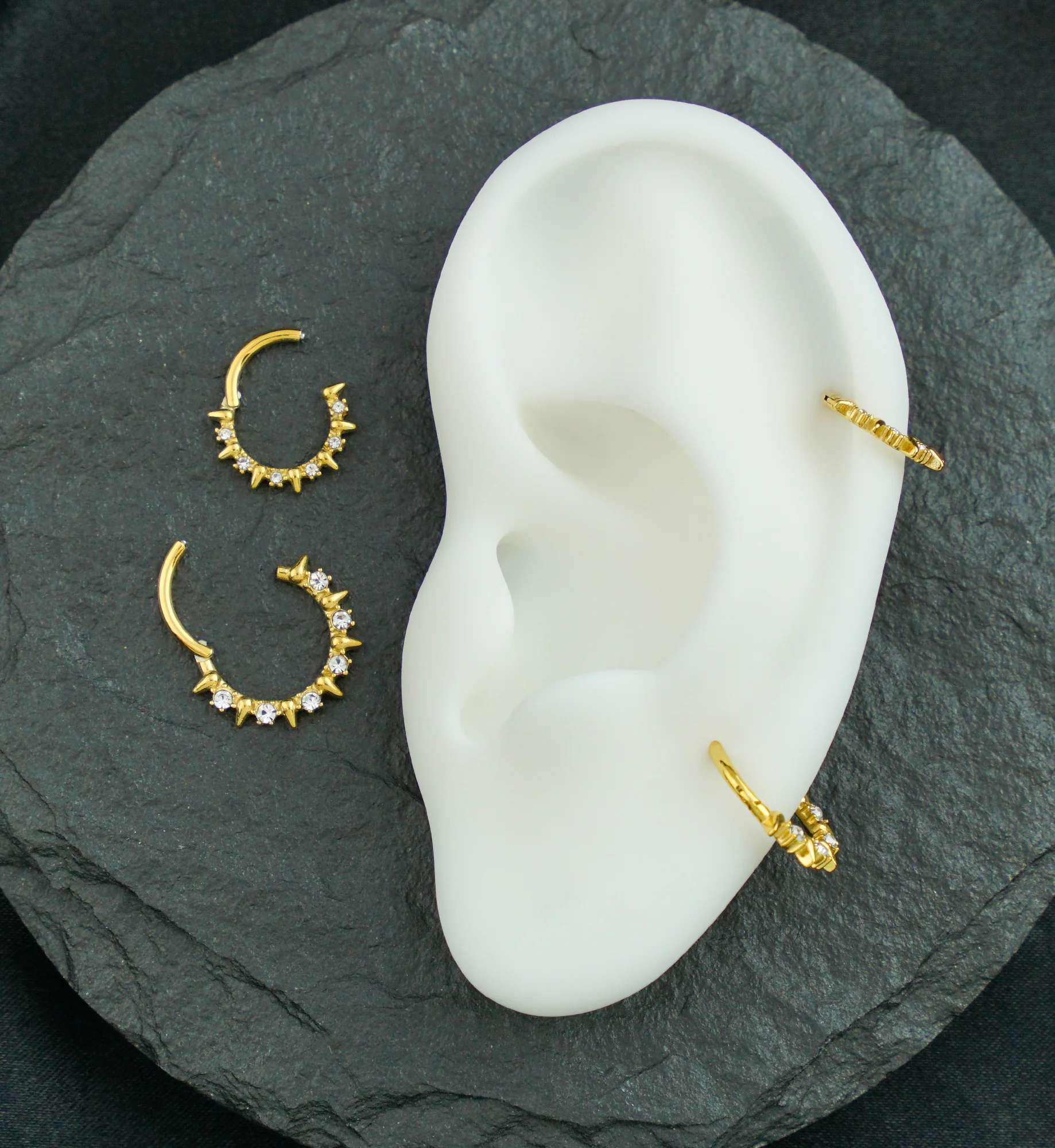 Gold PVD Alternate Spikes Clear CZ Stainless Steel Hinged Segment Ring - Mrs Treak