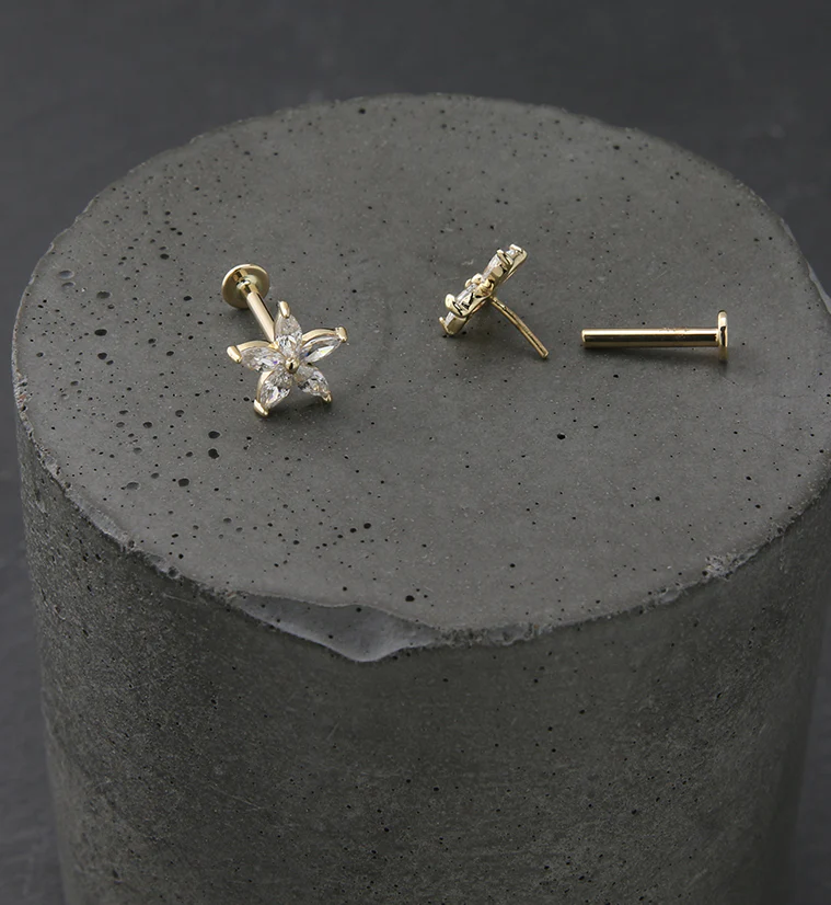 14kt Gold Starflower CZ Threadless Labret - Mrs Treak