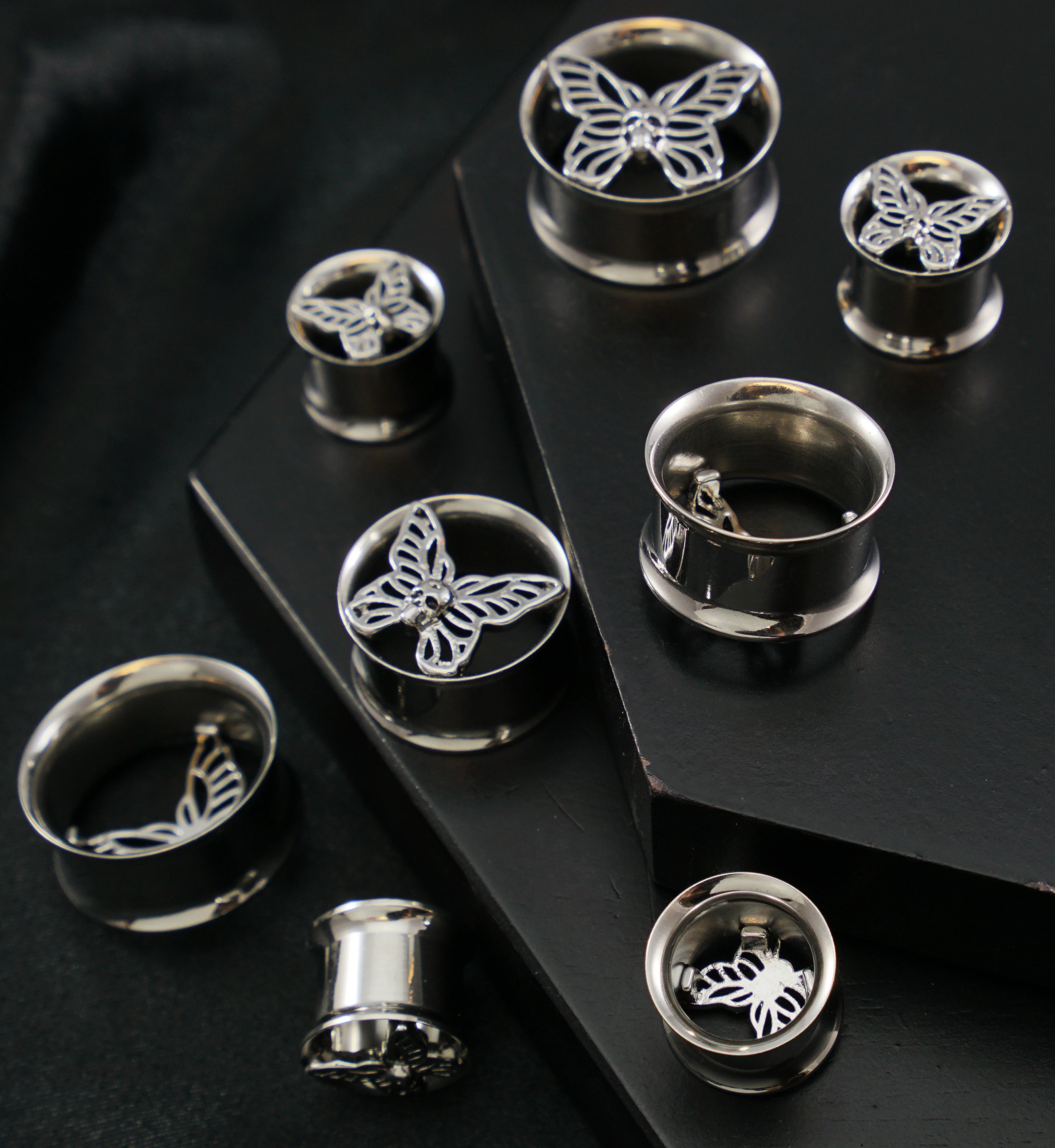 Death Moth Stainless Steel Double Flare Tunnels - Mrs Treak
