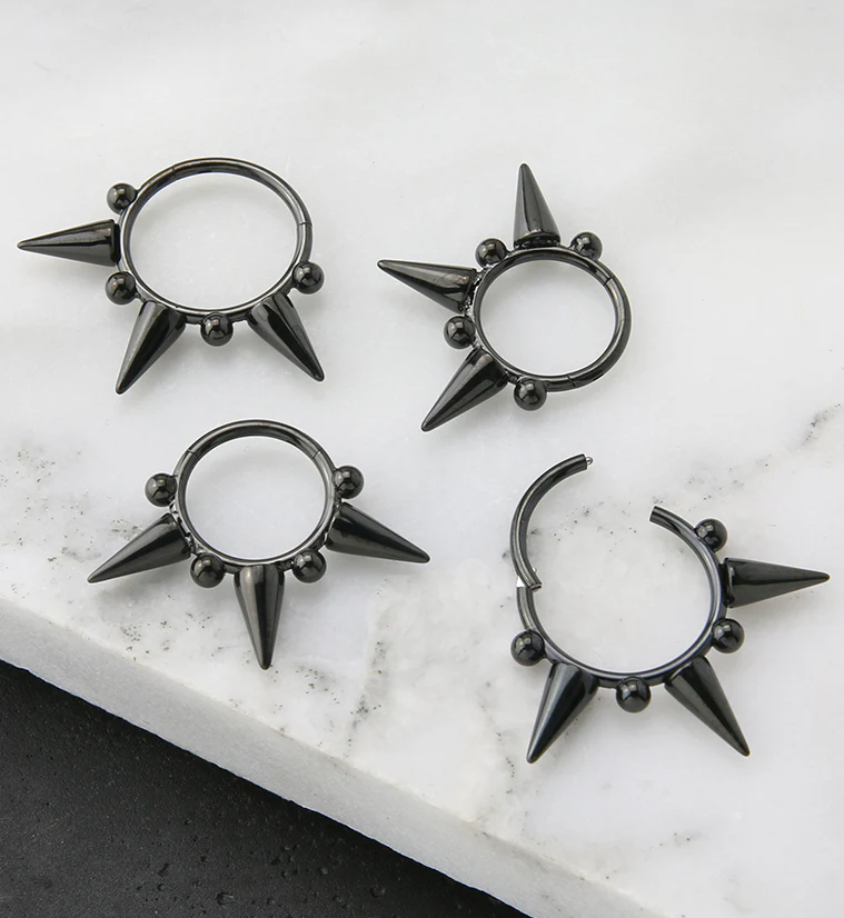 Black PVD Spike Stainless Steel Hinged Segment Ring - Mrs Treak