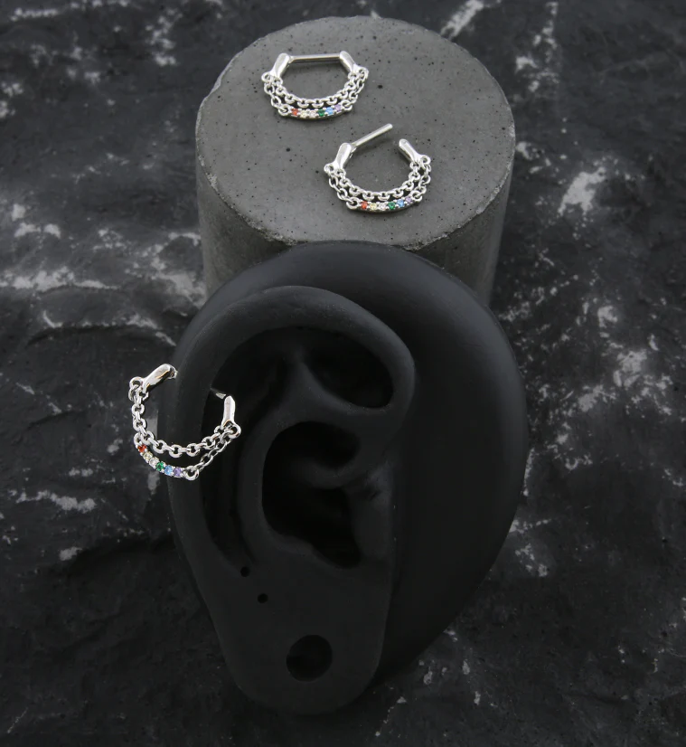 Rainbow CZ Dangle Chain Stainless Steel Hinged Segment Ring - Mrs Treak