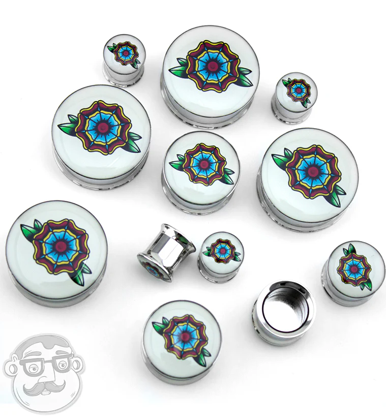 Traditional Flower Tattoo Steel Plugs - Mrs Treak