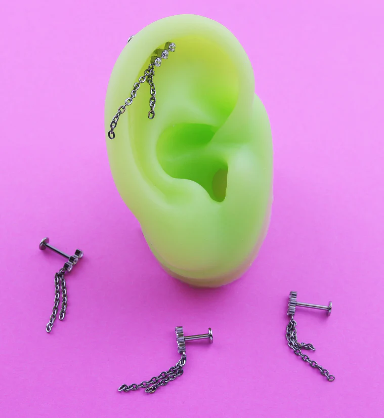 Stacked Triple Clear CZ Dangle Chains Titanium Internally Threaded Labret - Mrs Treak