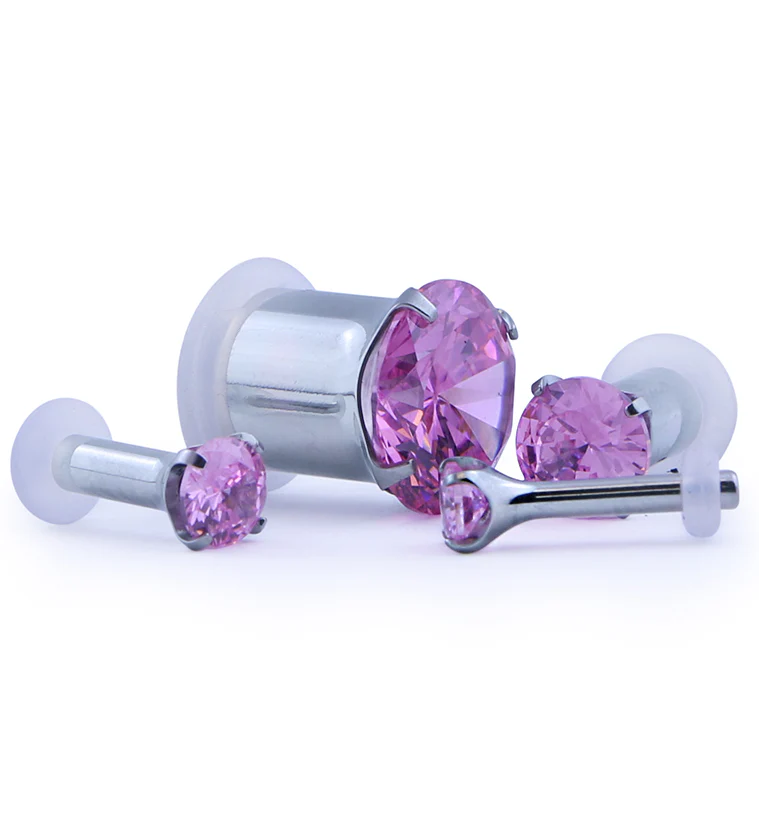 Pink CZ Stainless Steel Single Flare Plugs - Mrs Treak