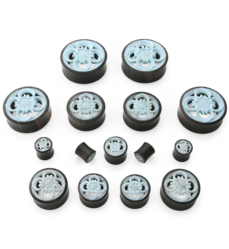 Blue Floral Carved Wooden Plugs - Mrs Treak