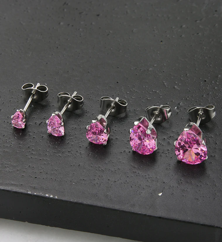 Pink Teardrop CZ Stainless Steel Earrings - Mrs Treak