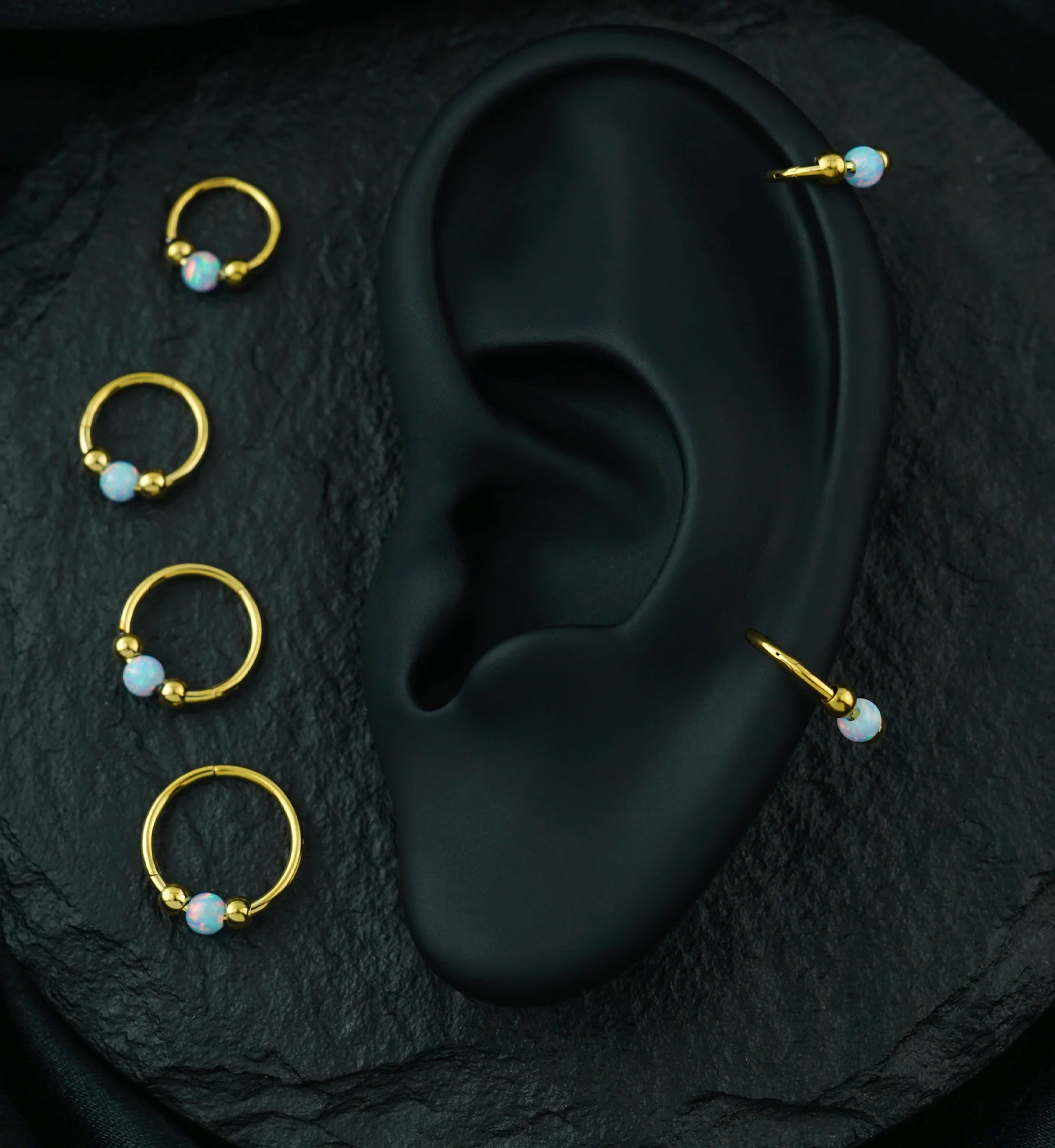 Gold PVD Triple Ball White Opalite Stainless Steel Hinged Segment Ring - Mrs Treak