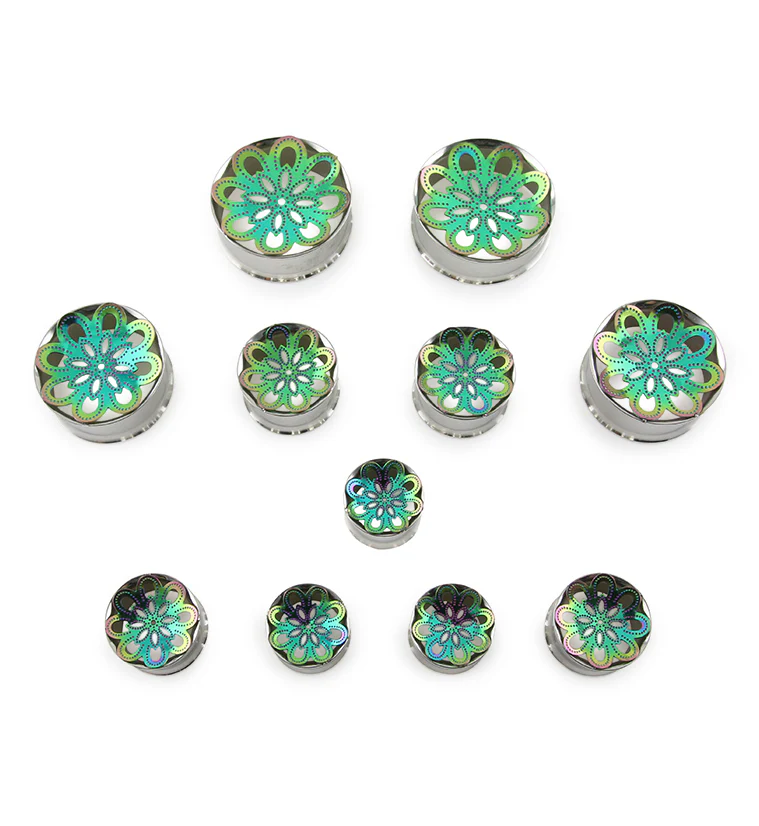 Rainbow Mandala Flower Steel Tunnel Plugs - Mrs Treak