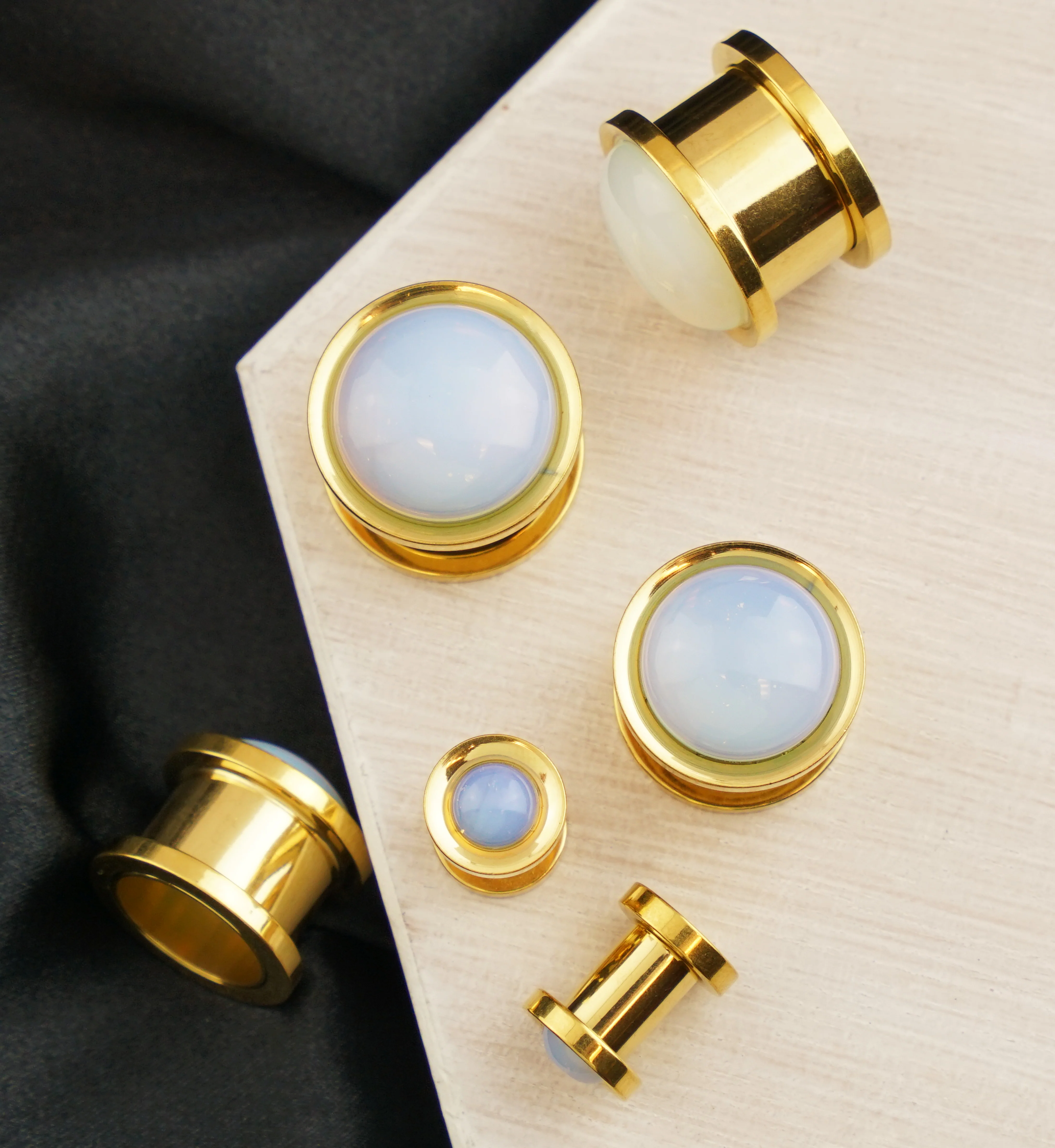 Gold PVD Cabochon White Opalite Stainless Steel Screw Back Tunnel Plugs - Mrs Treak