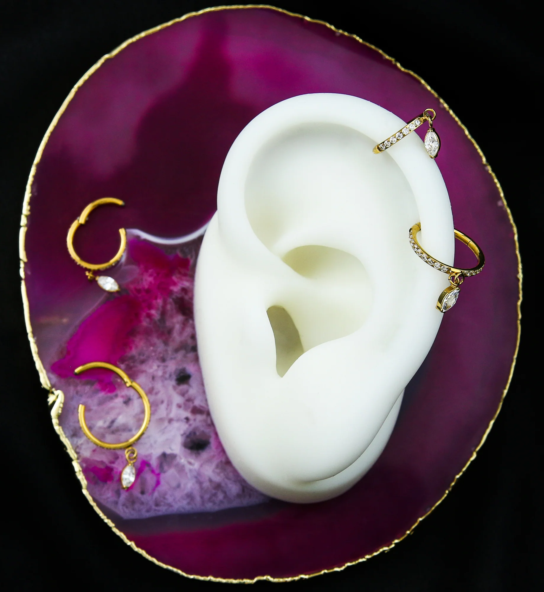 Gold PVD Front Facing Marquise Dangle Clear CZ Row Titanium Hinged Segment Ring - Mrs Treak