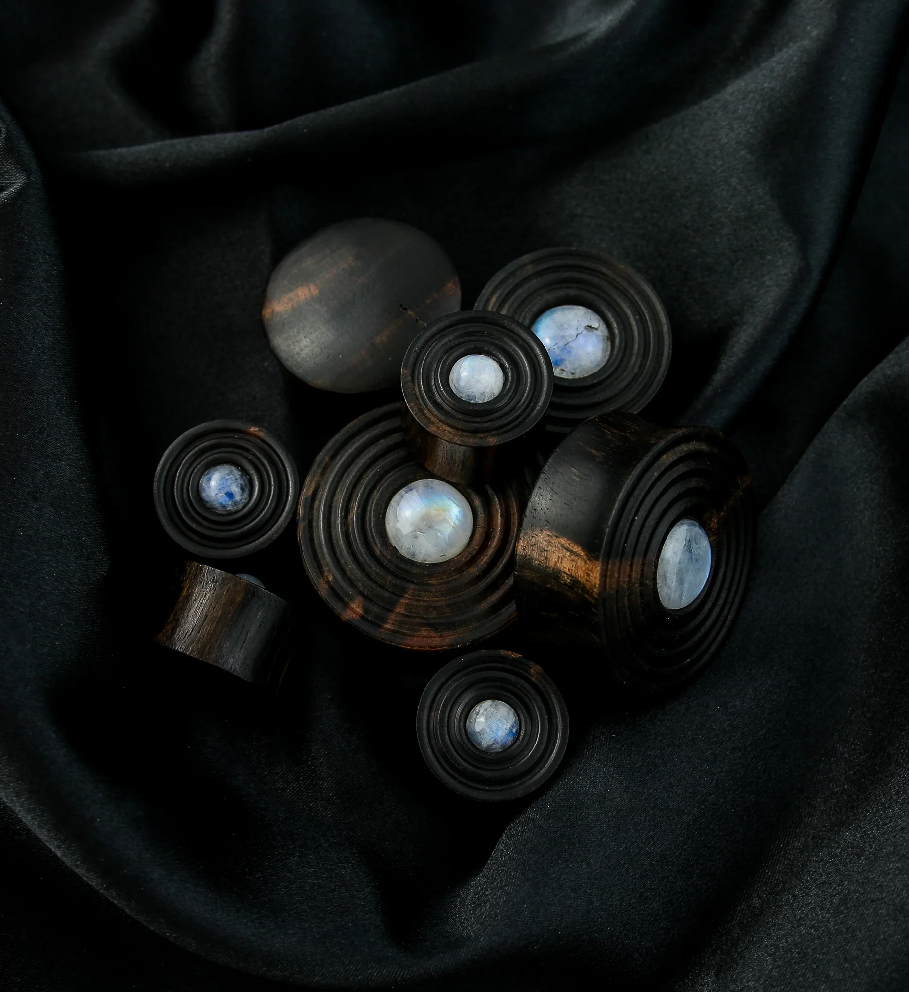 Ecliptic Areng Wood Plugs With Grade AA Moonstone Inlay - Mrs Treak