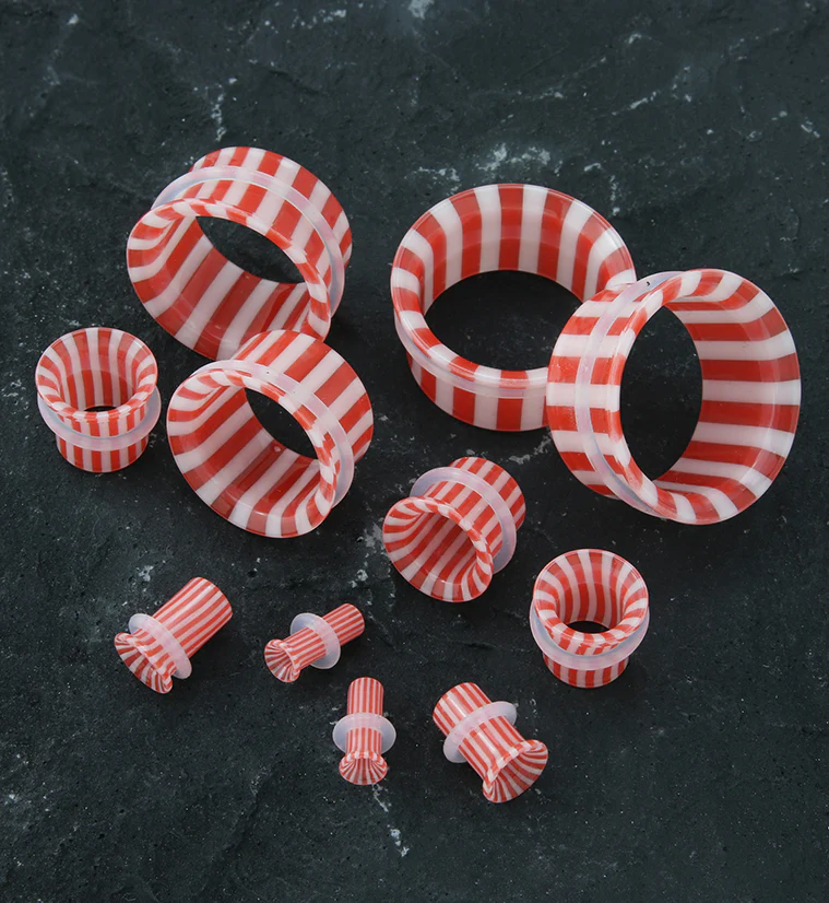 Red And White Striped Glass Single Flare Tunnels - Mrs Treak
