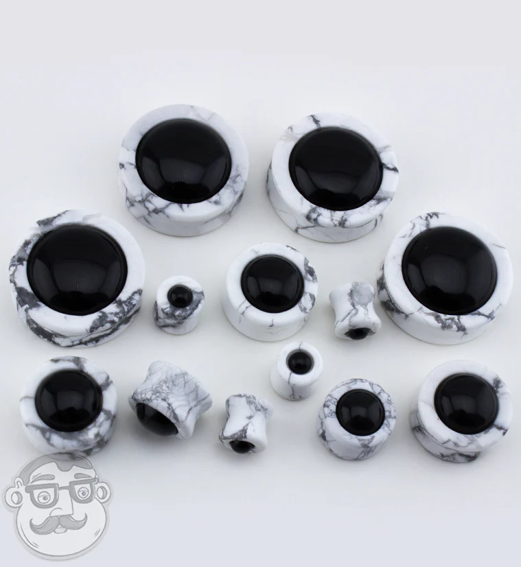 White Howlite Stone Plugs with Obsidian Stone Inlay - Mrs Treak