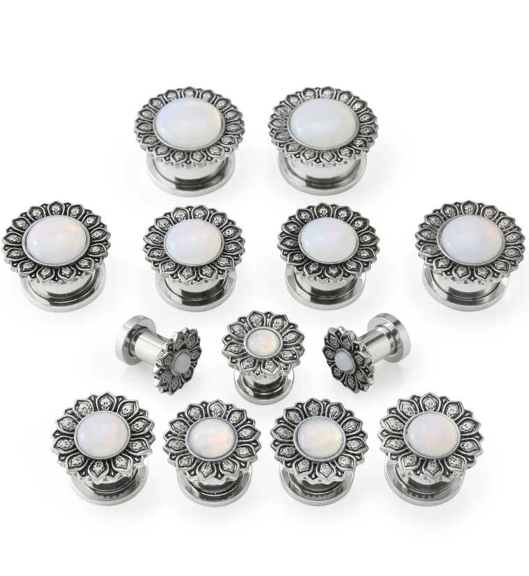 Lotus Flower White Opalite Stainless Steel Tunnel Plugs - Mrs Treak