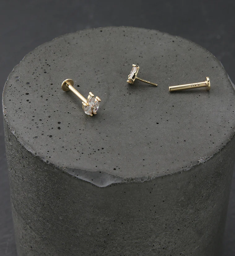 14kt Gold Tri Sepal CZ Threadless Labret - Mrs Treak