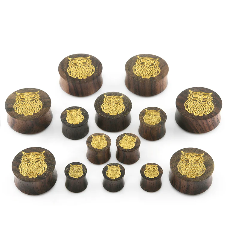 Engraved Golden Owl Sono Wood Plugs - Mrs Treak