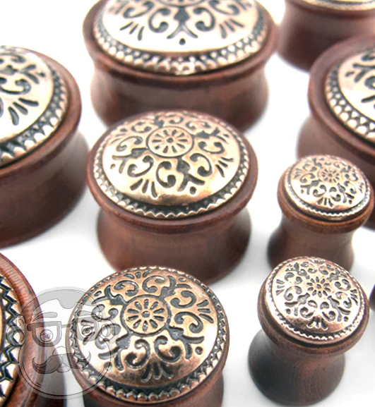 Rose Wood Plugs With Antique Brass Inlay - Mrs Treak