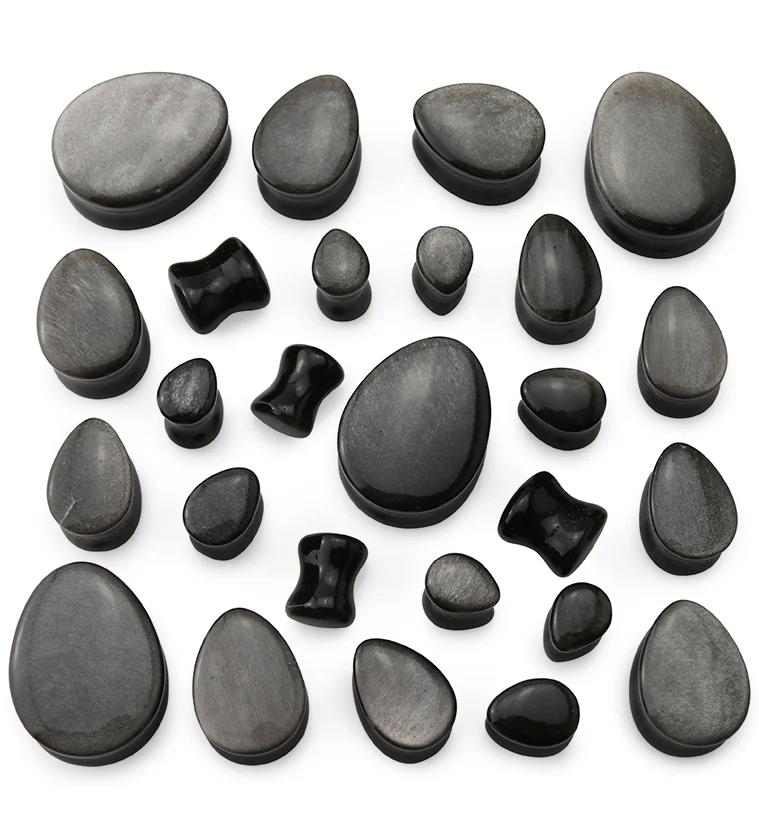 Silver Obsidian Teardrop Stone Plugs - Mrs Treak