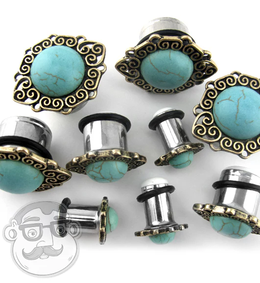 Turquoise Stone Cabochon Front Steel Plugs - Mrs Treak