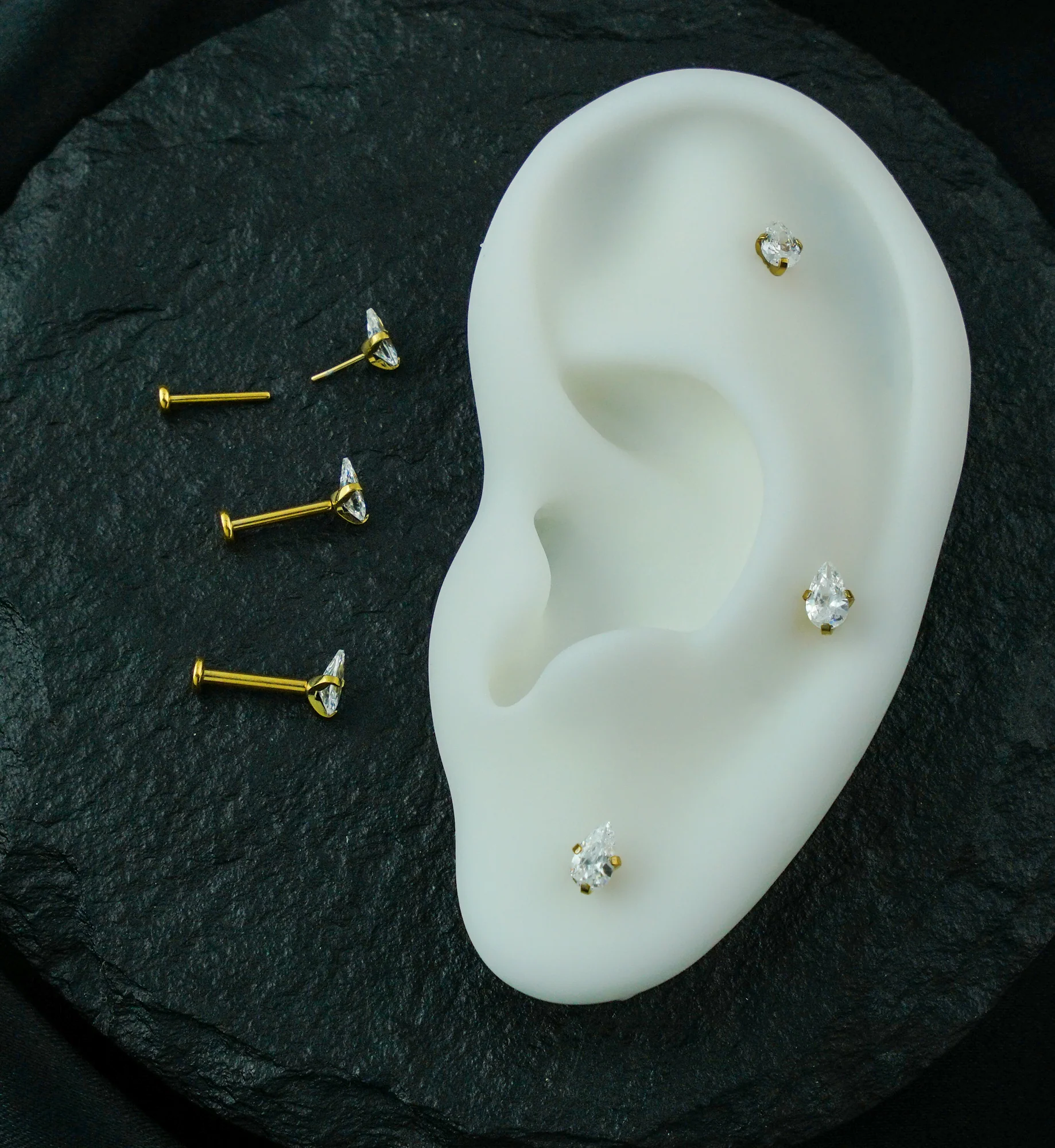 Gold PVD Prong Teardrop Clear CZ Threadless Titanium Flat Disk Labret - Mrs Treak