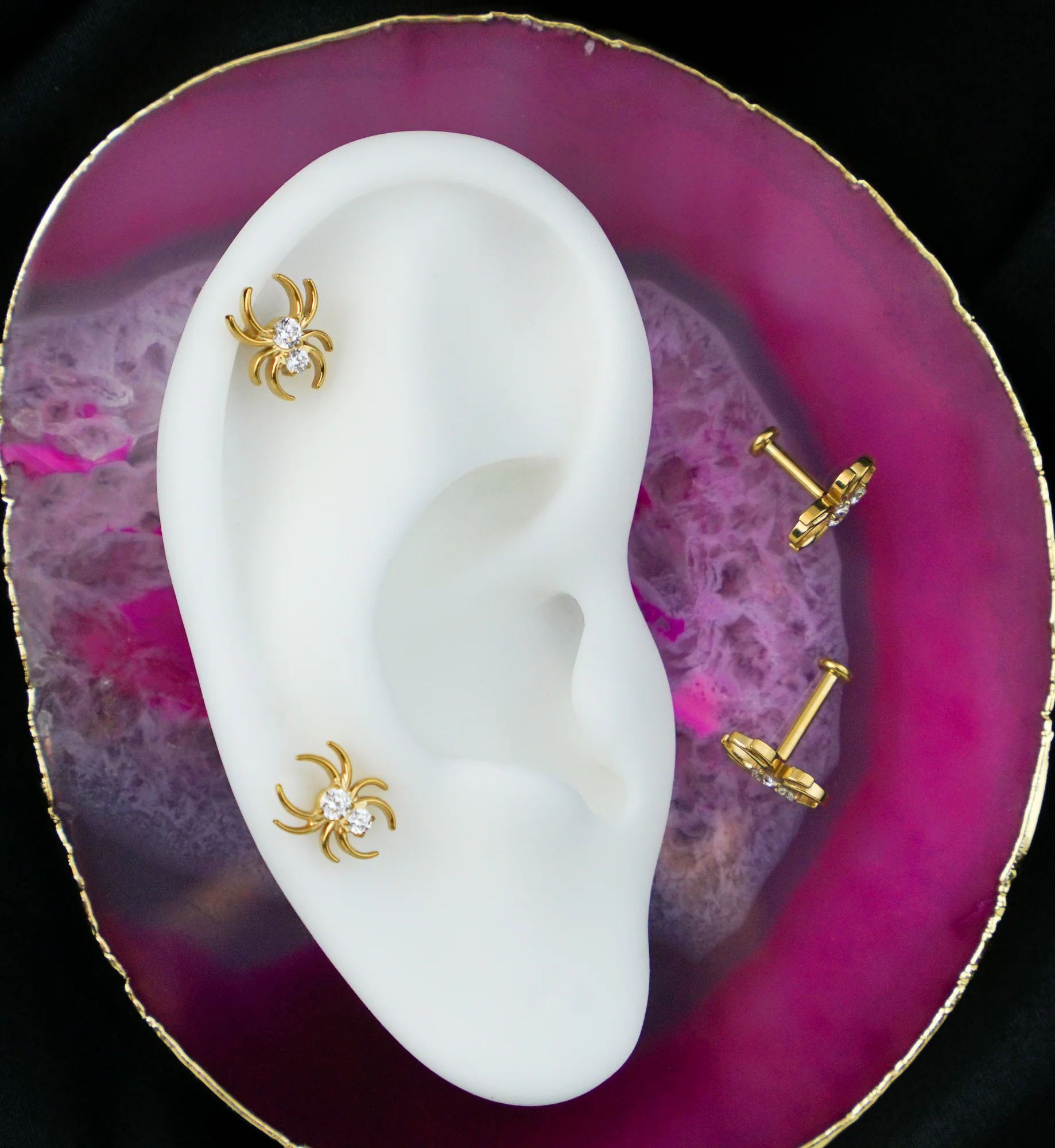 Gold PVD Spider Clear CZ Titanium Threadless Labret - Mrs Treak