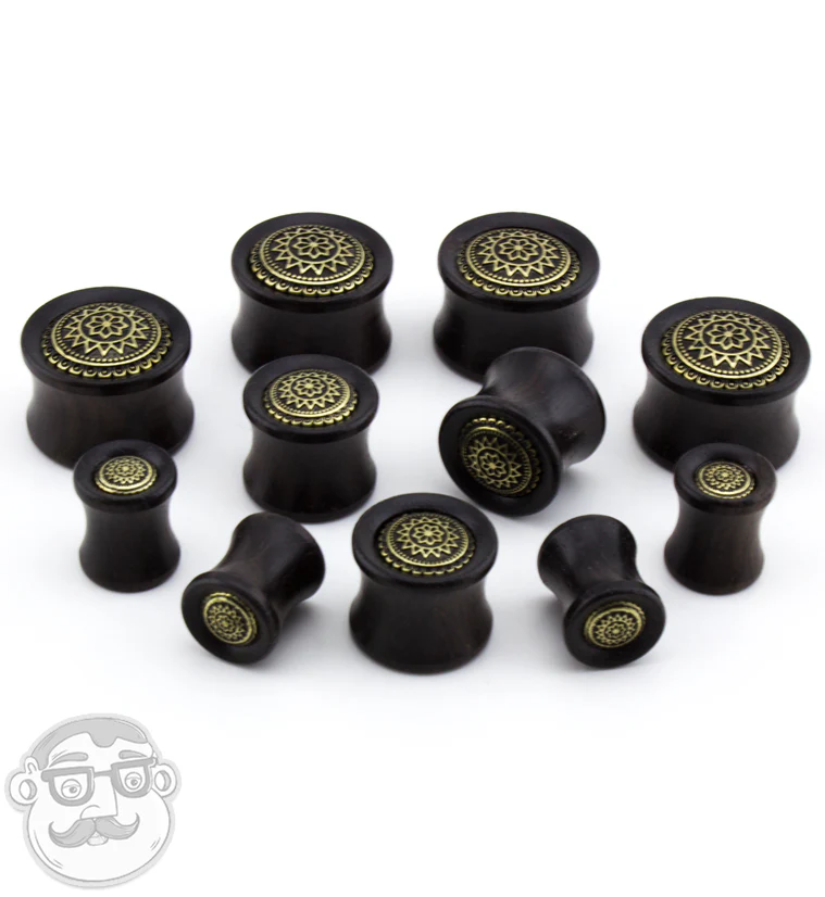 Ebony Wood Plugs Geometric Sun Inlay - Mrs Treak