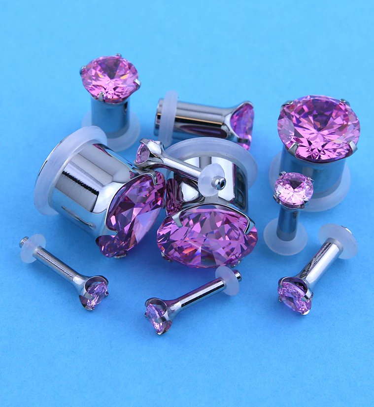 Pink CZ Stainless Steel Single Flare Plugs - Mrs Treak