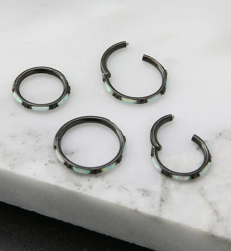 Black PVD Oblong White Opalite Edge Hinged Segment Ring - Mrs Treak