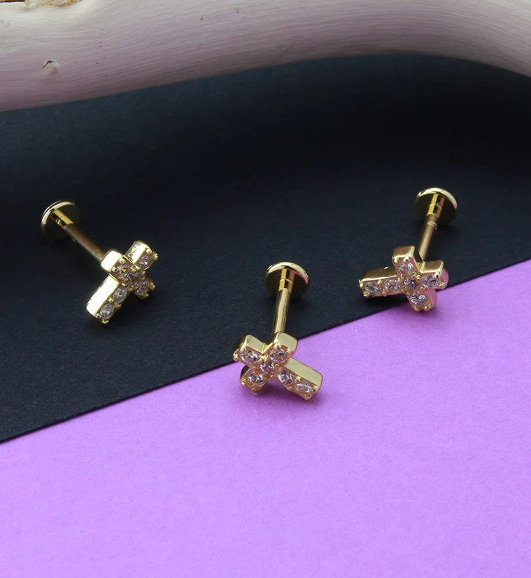 Gold PVD Cross CZ Gem Labret Post - Mrs Treak