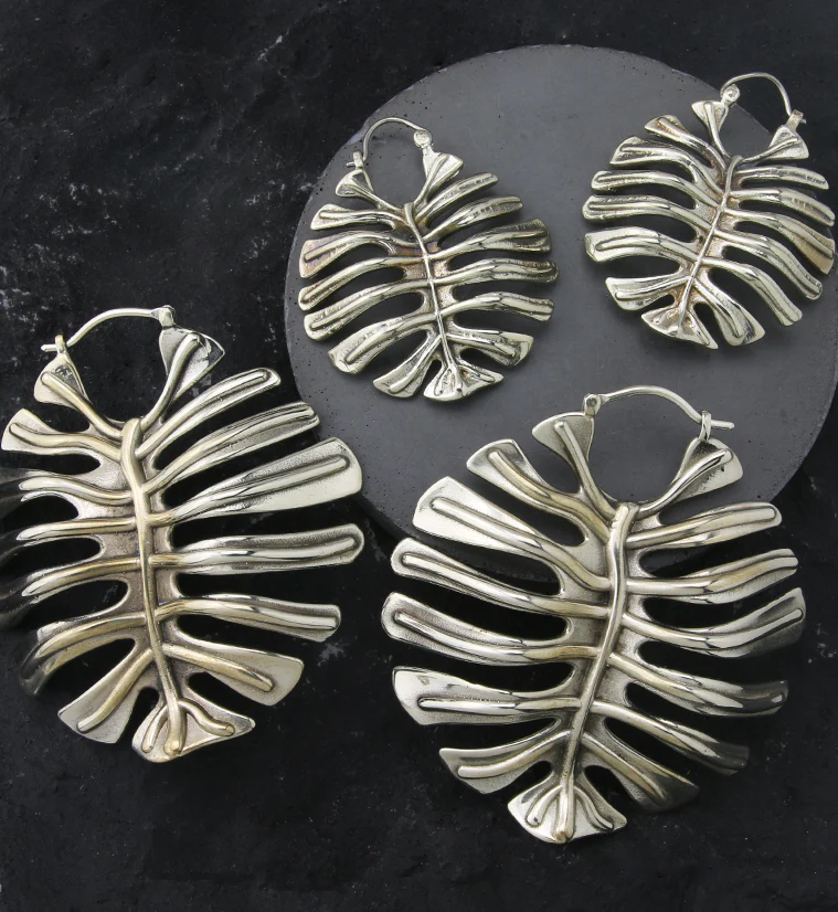 Monstera Deliciosa Leaf White Brass Hangers / Earrings - Mrs Treak