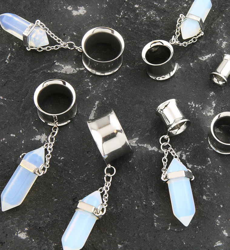 White Opalite Crystal Dangle Stainless Steel Tunnel Plugs - Mrs Treak