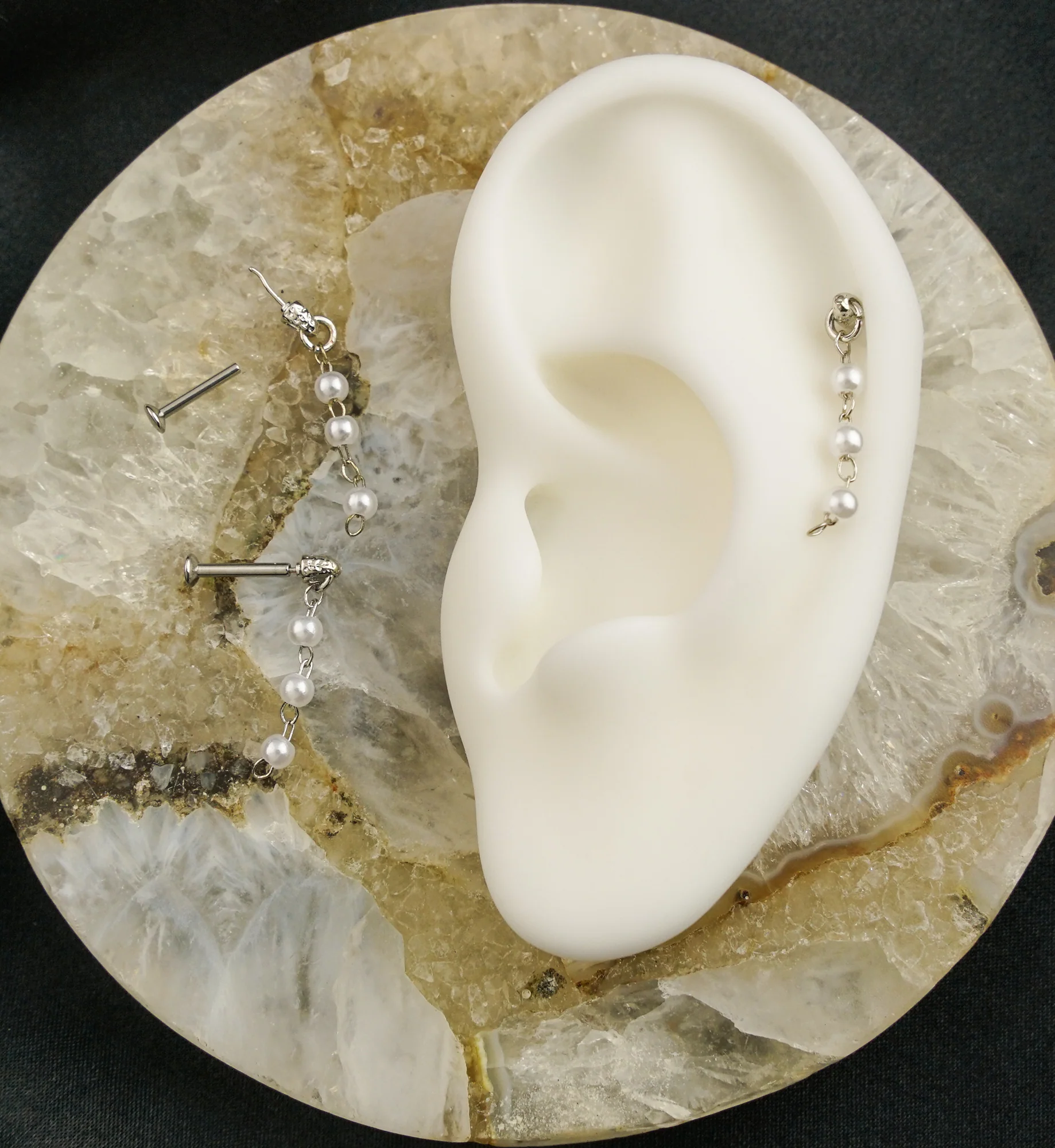 Triple Pearl Dangle Stainless Steel Convex Disc Threadless Labret - Mrs Treak