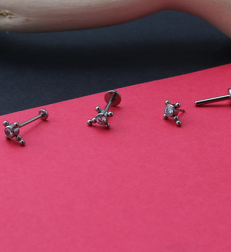 Beaded Cross Clear CZ Titanium Threadless Labret - Mrs Treak