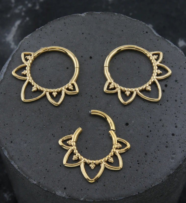 Gold PVD Beaded Flower Trace Hinged Segment Ring - Mrs Treak