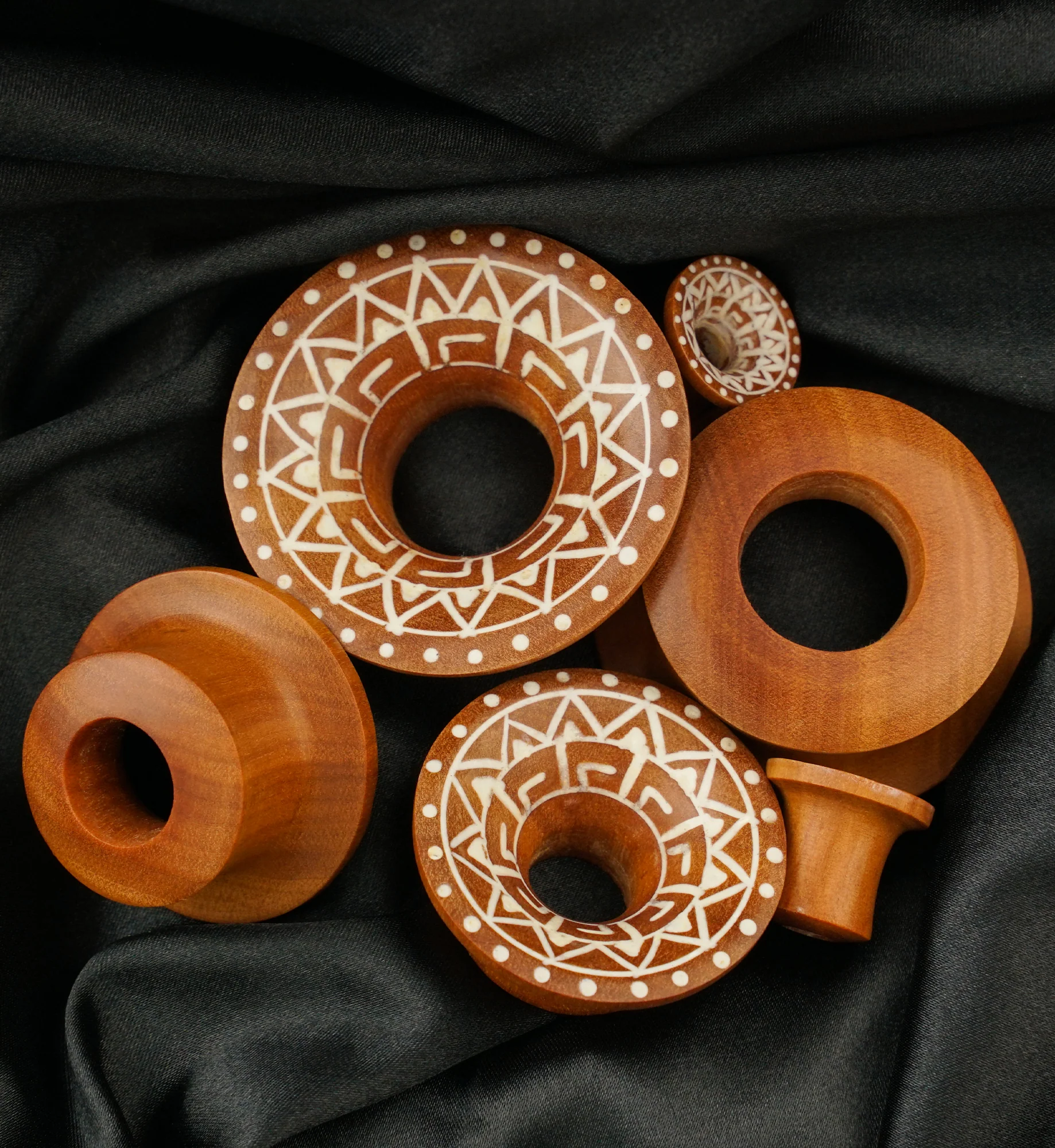 Saba Wood Mayan Flare Tunnels With Tribal Inlay - Mrs Treak