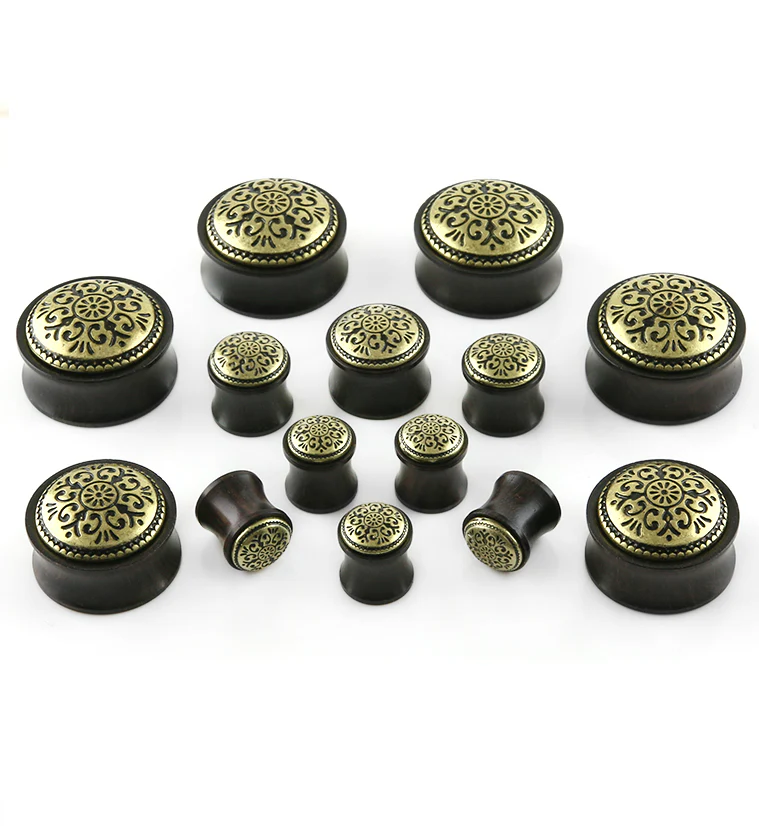 Ebony Wood Plugs With Antique Brass Inlay - Mrs Treak