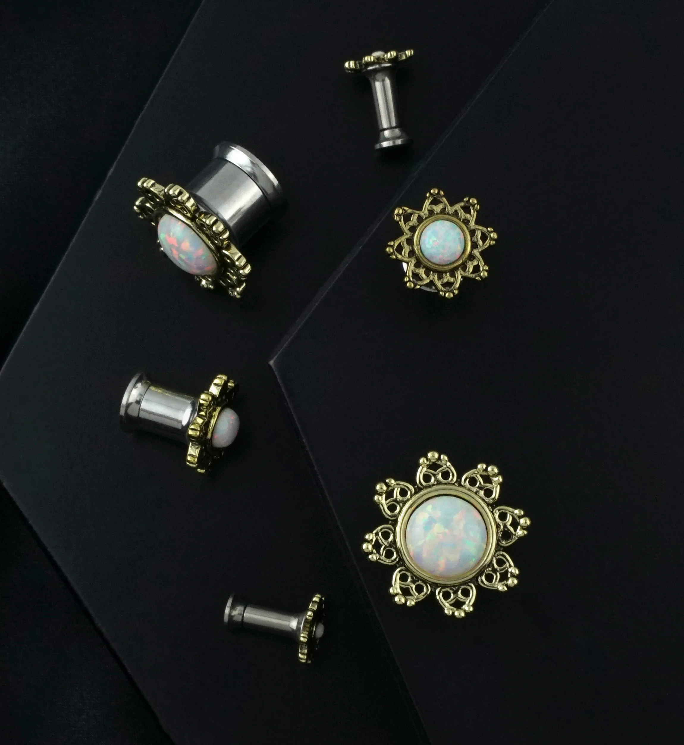 Golden Lotus With Opalite Dome Stainless Steel Plugs - Mrs Treak