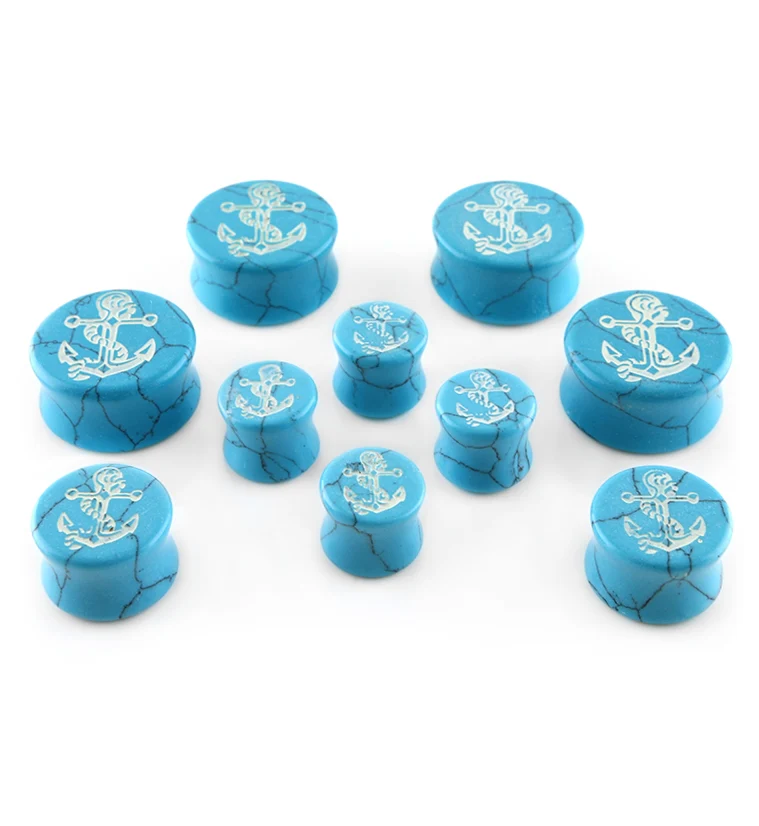 Turquoise Anchor Engraved Stone Plugs - Mrs Treak