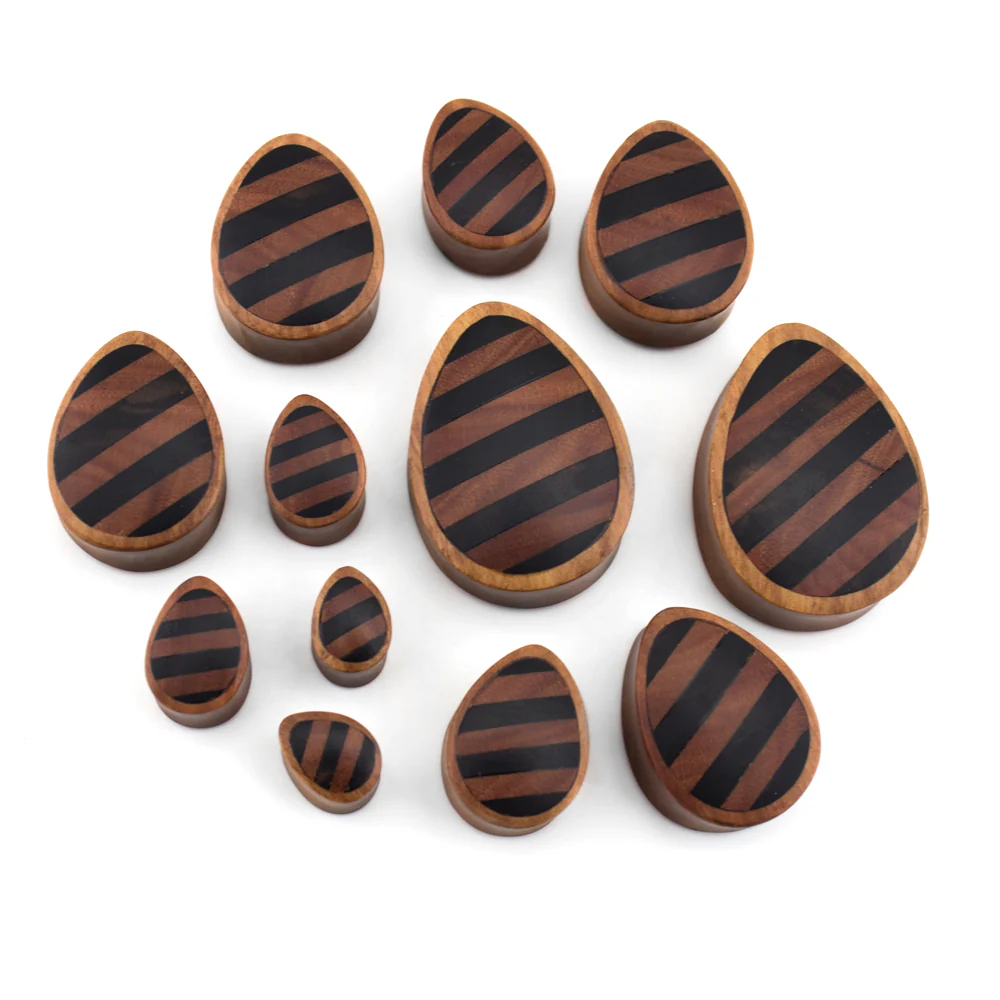 Saba Wooden Teardrop Plugs With Striped Inlay - Mrs Treak