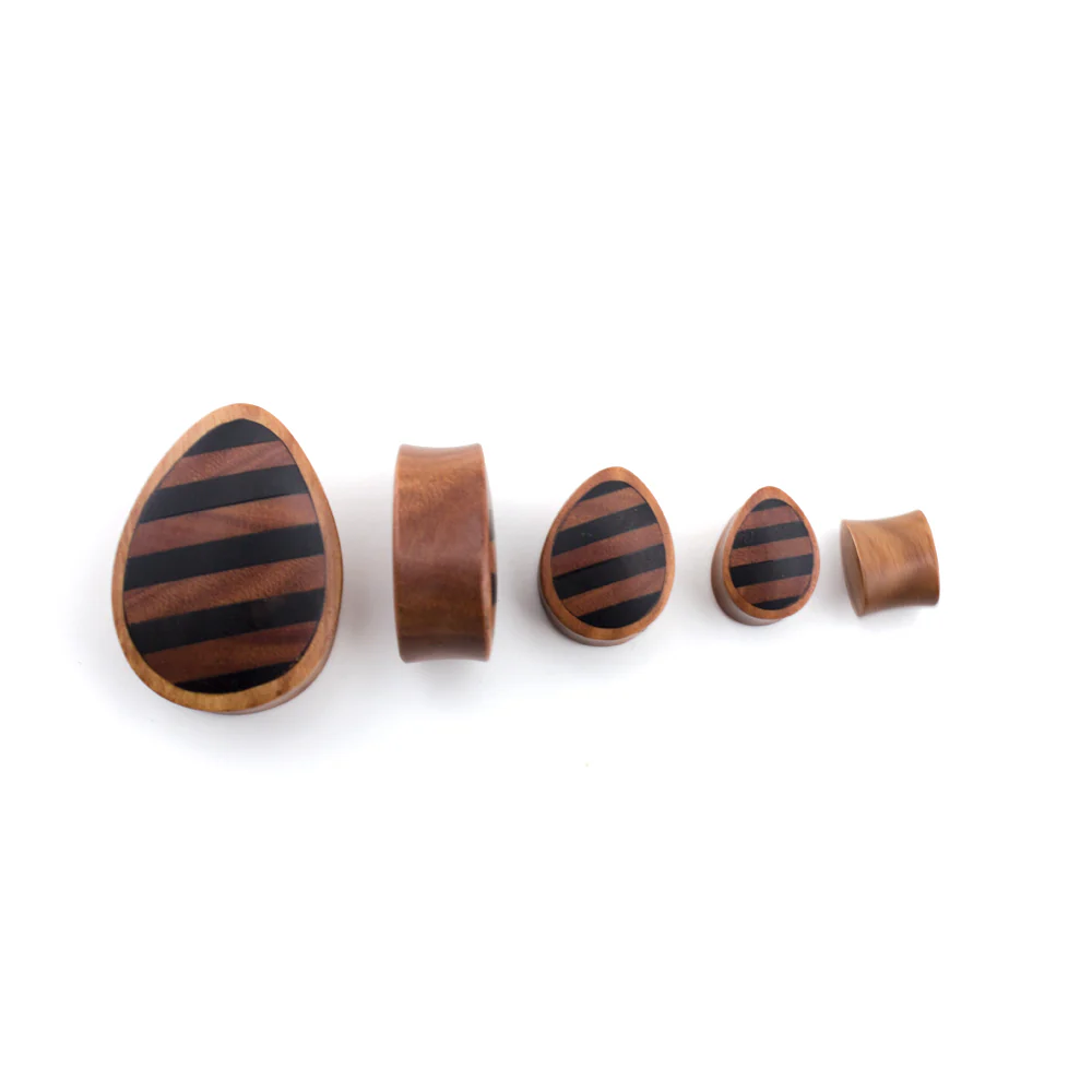 Saba Wooden Teardrop Plugs With Striped Inlay - Mrs Treak