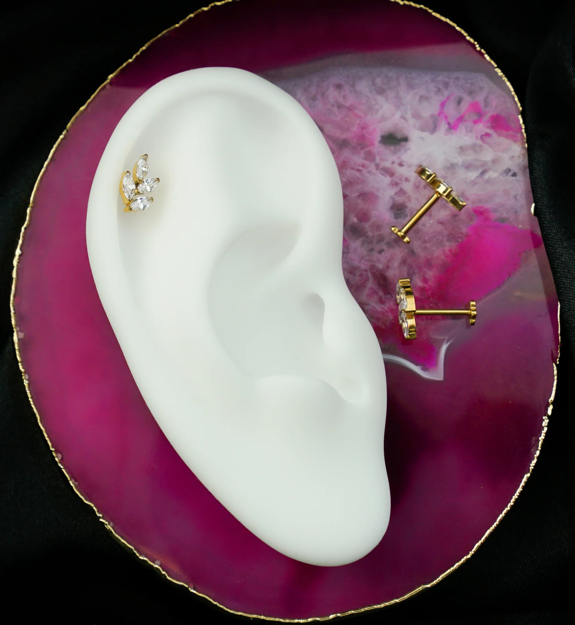 Gold PVD Vine Clear CZ Titanium Threadless Labret - Mrs Treak