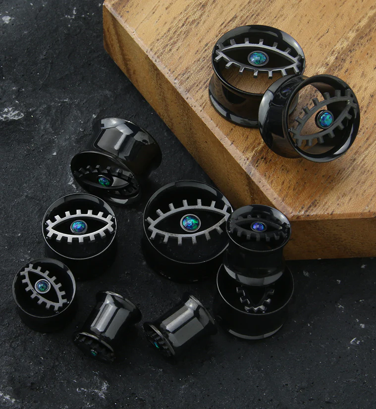 Black PVD Evil Eye Green Opalite Stainless Steel Tunnel Plugs - Mrs Treak