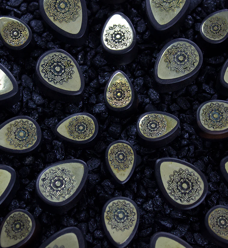 Areng Wooden Teardrop Plugs with Mandala Brass Inlay - Mrs Treak