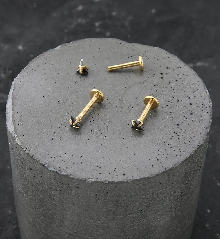 Gold PVD Triangle Black CZ Stainless Steel Internally Threaded Labret - Mrs Treak