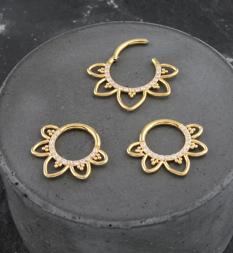 Gold PVD Flower Trace Clear CZ Titanium Hinged Segment Ring - Mrs Treak