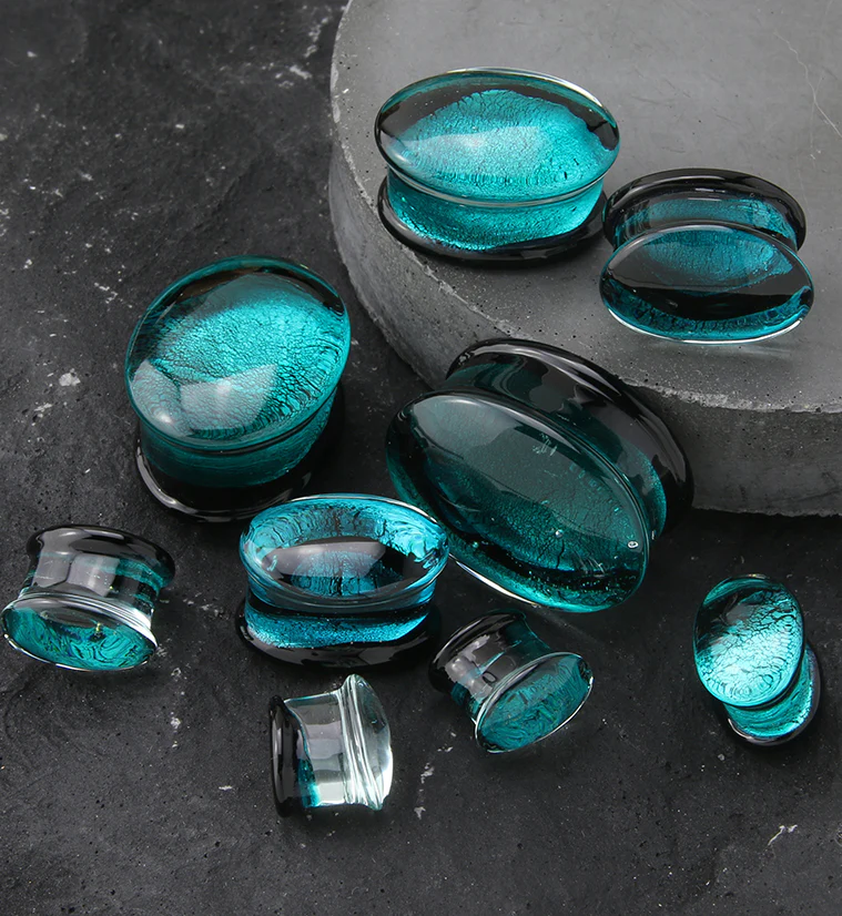 Oval Teal Dichroic Glass Double Flare Plugs - Mrs Treak