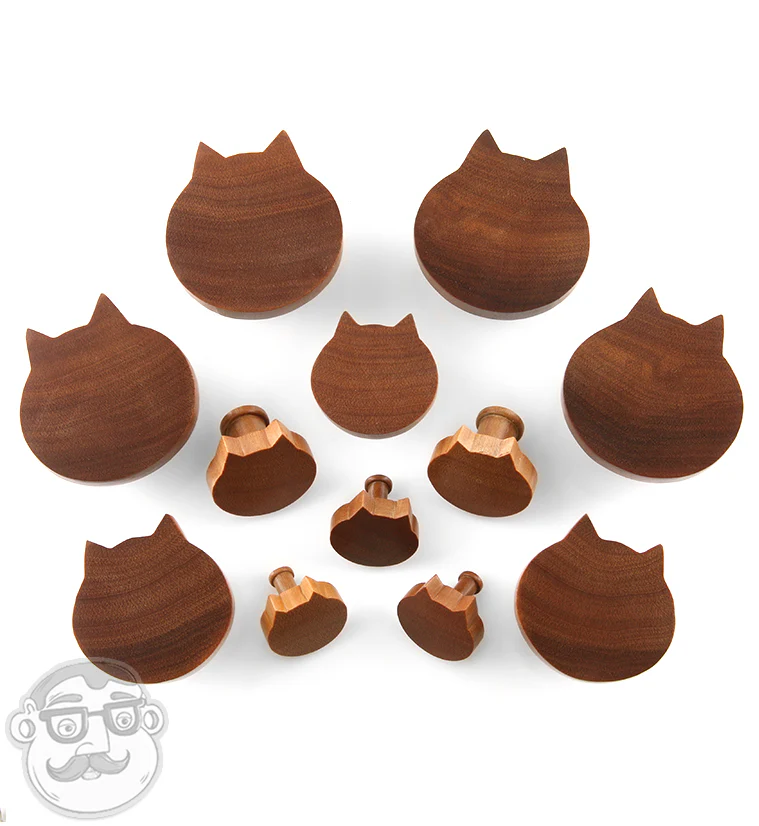 Carved Cat Face Saba Wood Plugs - Mrs Treak