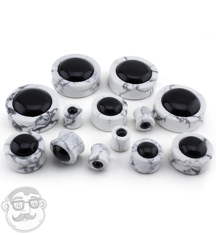 White Howlite Stone Plugs with Obsidian Stone Inlay - Mrs Treak